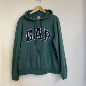 GAP Hoodies Mens Large Green Full Zip Fleece Spellout Logo Y2K Grunge Streetwear